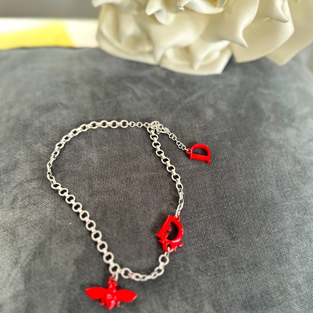 Christian Dior Red Acrylic Bee and Dior Logo Necklace